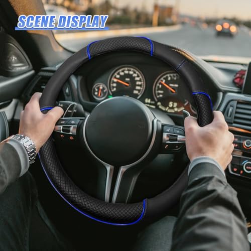 15 Inch Leather Car Steering Wheel Cover, Breathable Anti-Slip Automotive Steering Wheel Protector Accessories, Soft Comfortable Car Interior Decoration for SUV, Truck (Blue)