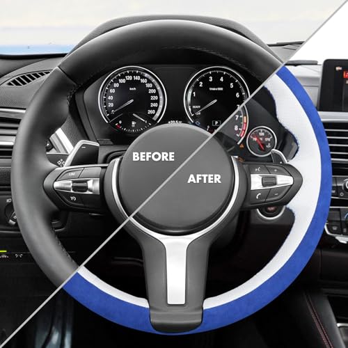 MEWANT Hand-Stitched Steering Wheel Cover for BMW (M Sport) F22 F23 F30 F34 F32 F33 F36 F10 F07 F12 F13 F06 F39 F25 F26 F15 F16, DIY Custom Fit Steering Wheel Wrap for BMW - color: 15:3D blue IT-ALCAN & white leather