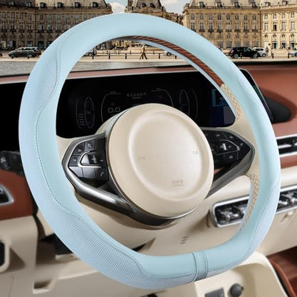 Nappa Leather Blue D Shape Steering Wheel Cover, Advanced Microfiber Leather Non-Slip Breathable Fabric, Warm in Winter and Cool in Summer, Universal 15 inch - color: Blue, size: D Shape-M[14.5''-15'']
