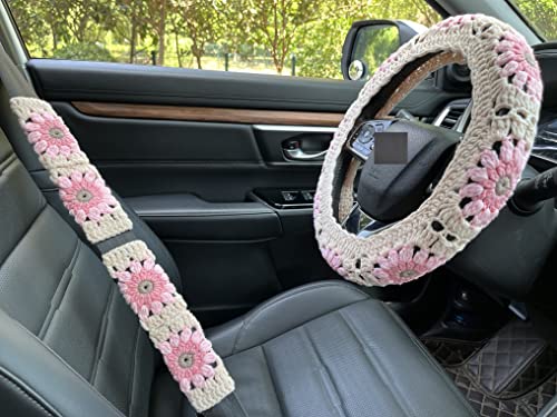 Crochet Sunflower Car Steering Wheel Covers Light Pink Universal 14-15 inch for Women/Men (Wheel Covers+2belt Covers+2Car Coasters+Strawberry) - color: Wheel Covers+2belt Covers+2Car Coasters+Strawberry
