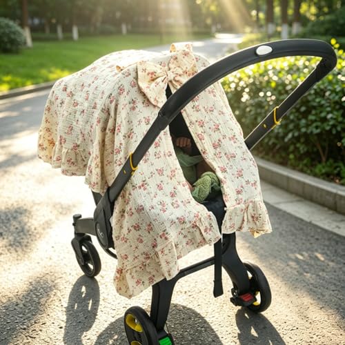 Muslin Baby Car Seat Cover, Handmade Infant Car Seat Cover with Cute Bow & Ruffle Hem Design, Multi-Use Carseat Canopy for Privacy Nursing, Summer Baby Carrier Cover Stroller Sun Protector - color: Flower