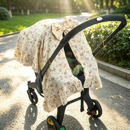 Muslin Baby Car Seat Cover, Handmade Infant Car Seat Cover with Cute Bow & Ruffle Hem Design, Multi-Use Carseat Canopy for Privacy Nursing, Summer Baby Carrier Cover Stroller Sun Protector - color: Flower