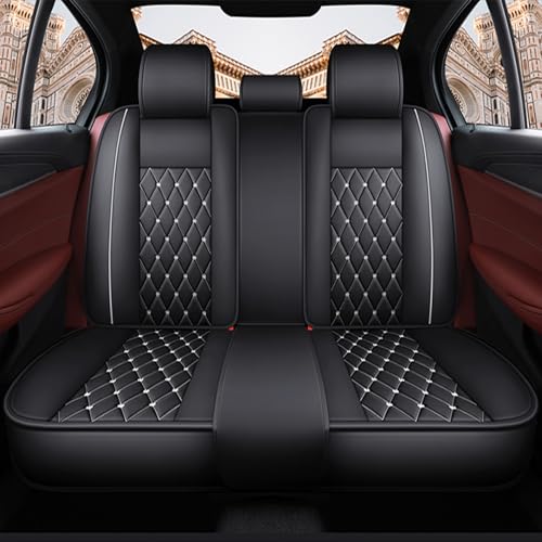 Crown Car Seat Covers Full Set, Premium Leather Waterproof Anti-Slip Automotive Interior Protector for Cars, SUVs, Pickup, Trucks & Sedans (Black+White Line) - color: Black+White