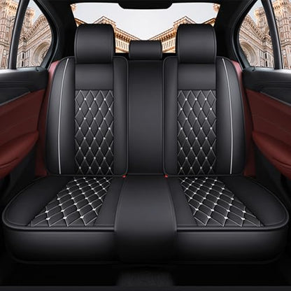 Crown Car Seat Covers Full Set, Premium Leather Waterproof Anti-Slip Automotive Interior Protector for Cars, SUVs, Pickup, Trucks & Sedans (Black+White Line) - color: Black+White