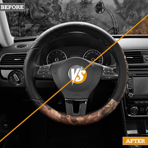 Mossy Oak Full Camo Steering Wheel Cover - Made from Premium Leather, Universal Fit for 14 1/2 to 15 inches - Official Licensed Product - Black Color - color: Black