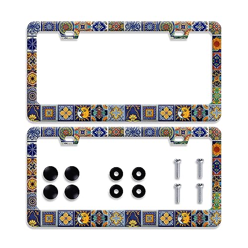 【2Pcs】 Mexican Tiles License Plate Frames Mandala Boho License Plate Frame Car Universal Stainless Steels Accessories Cars Decor with 2 Holes and Screws Fits Standard US Vehicles Size: 12.2 x 6 Inches - color: 【2Pcs】Mexican Tiles Mandala
