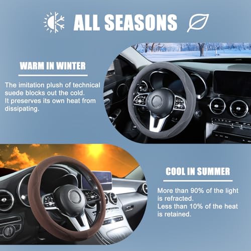 14 inch Brown Suede Steering Wheel Cover, Breathable Non-Slip Sweat-Proof Wear-Resistant No Pilling, Warm in Winter and Cool in Summer - color: Brown, size: Round-S[13.5''-14'']