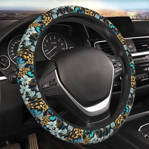 Floral Butterfly Blue Steering Wheel Cover for Women Elastic Rubber Steering Wheel Universal 15 Inch Fit for Cars, Auto, SUVs - color: Floral Butterfly Blue