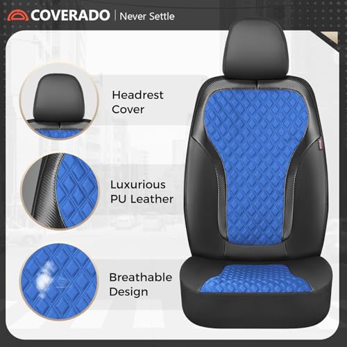 Coverado Seat Covers Full Set, Luxury Diamond Leather Car Seat Cover with Carbon Fiber Textured Design, Waterproof Car Seat Protector, Black&Blue Front and Rear Seat Covers Universal Fit Most Cars - color: BlackBlue, size: Full set
