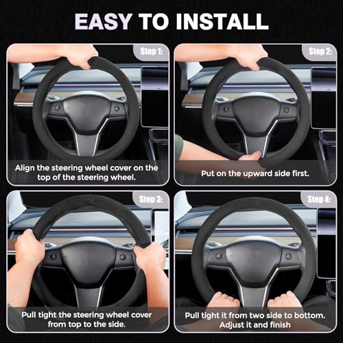 Winter Steering Wheel Cover, Microfiber Suede Car Steering Wheel Covers with Anti-Slip Lining, Breathable Elastic Car Steering Wheel Protector Soft, Universal Standard Size 14-15 inch