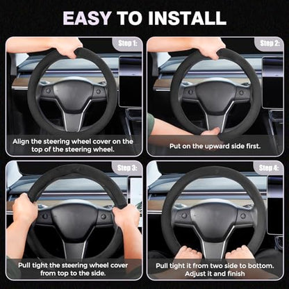 Winter Steering Wheel Cover, Microfiber Suede Car Steering Wheel Covers with Anti-Slip Lining, Breathable Elastic Car Steering Wheel Protector Soft, Universal Standard Size 14-15 inch