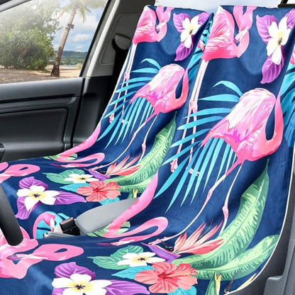 Hahafelt 2 Pack Car Seat Towel Covers with Storage Bag, 63 x 32 Inch Universal Non Slip Waterproof Sweat Protector for Car Truck, Gym Swimming Running, Machine Washable (Flamingos) - style: Flamingos