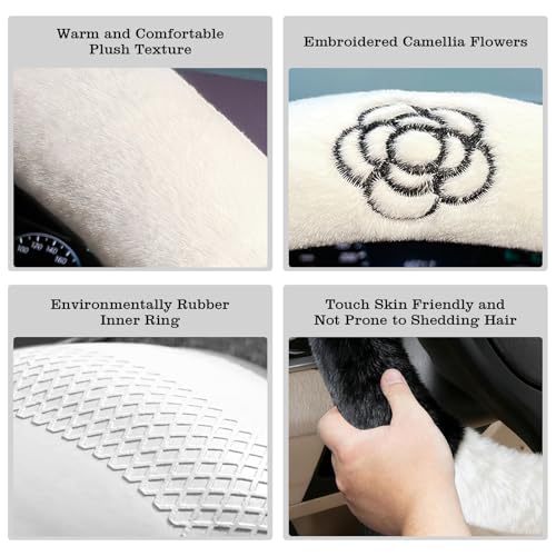 Camellia Flower Plush Steering Wheel Cover, Universal 14.5-15 Inch Winter Plush Warm Steering Wheel Cover, Soft Fluffy, Anti-Slip Design, Soft Texture (Black+White) - color: Camellia Flower