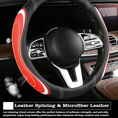 Leather Splicing Black Red White Car Steering Wheel Cover,14.5-15 Inch Universal Microfiber Leather Covers Breathable Anti-Slip Odorless Steering Wheels Accessories for Men Women - color: Leather Splicing - Black Red White