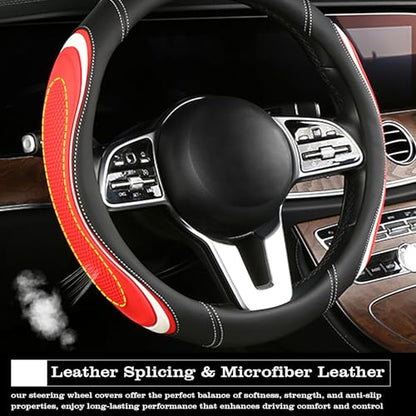 Leather Splicing Black Red White Car Steering Wheel Cover,14.5-15 Inch Universal Microfiber Leather Covers Breathable Anti-Slip Odorless Steering Wheels Accessories for Men Women - color: Leather Splicing - Black Red White