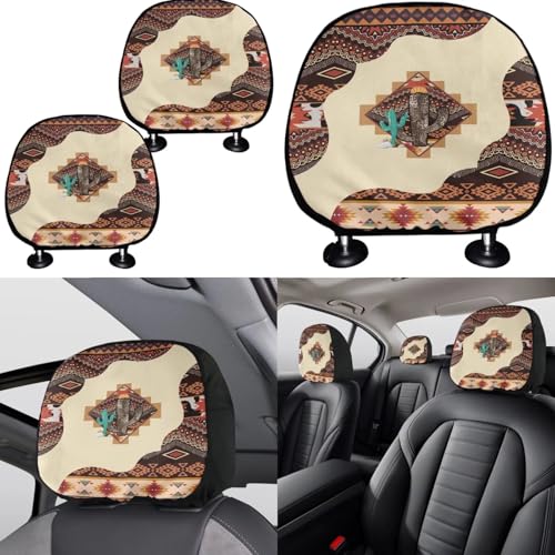 Horeset Ethnic Western Aztec Cactus 11 Pack Car Seat Cover with Headrest Cover+Cup Coasters+Handbrake Cover+Gear Shift Caover+Lanyaeds Key Chain Universal Fit Most Cars SUV Van Sedan Truck - color: Ethnic Western Aztec Cactus