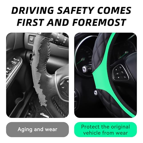 15 Inch Car Leather Steering Wheel Cover, Automotive Accessories Elastic Breathable Anti-Slip Soft Wheel Protector Fits Men and Women, Suitable for SUVs, Trucks, Vehicles and RVs (Green) - color: Green