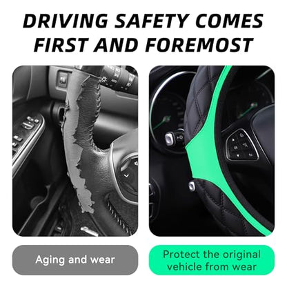 15 Inch Car Leather Steering Wheel Cover, Automotive Accessories Elastic Breathable Anti-Slip Soft Wheel Protector Fits Men and Women, Suitable for SUVs, Trucks, Vehicles and RVs (Green) - color: Green