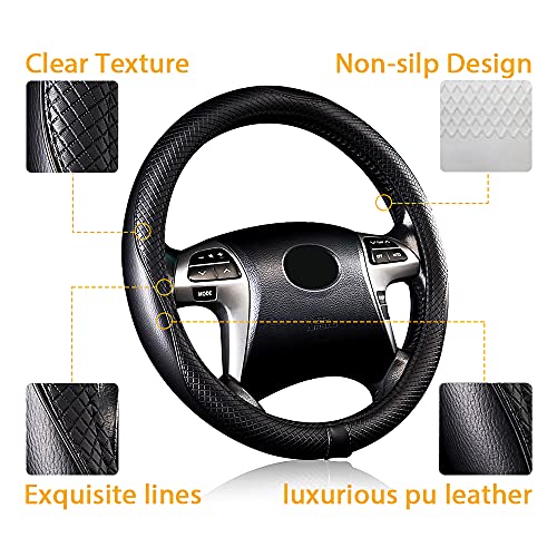 Flying Banner car Steering Wheel Covers Faux Leather Massage Piping Heavy Duty Ring Anti-Slip Sporty 15 Inches (Black Black)
