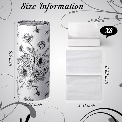 Zonon 4 Pcs Vintage Floral Car Tissue Cylinder with 240 Sheets 3 Ply Facial Tissue Bulk Black and White Round Tissues Holder Box Travel Tubes for Car Cup Holder Round Container