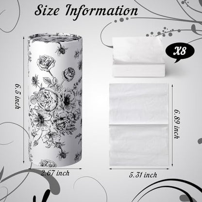 Zonon 4 Pcs Vintage Floral Car Tissue Cylinder with 240 Sheets 3 Ply Facial Tissue Bulk Black and White Round Tissues Holder Box Travel Tubes for Car Cup Holder Round Container