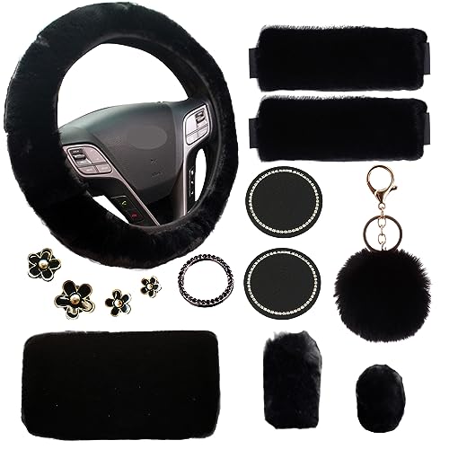 Fluffy Steering Wheel Cover for Women with Furry Gear Cover &Handbrake Cover&Seat Belt Cover&Armrest Pad Fuzzy Car Accessories for Women Pack of 14 (Black) - color: Black