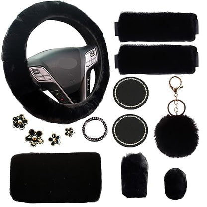 Fluffy Steering Wheel Cover for Women with Furry Gear Cover &Handbrake Cover&Seat Belt Cover&Armrest Pad Fuzzy Car Accessories for Women Pack of 14 (Black) - color: Black