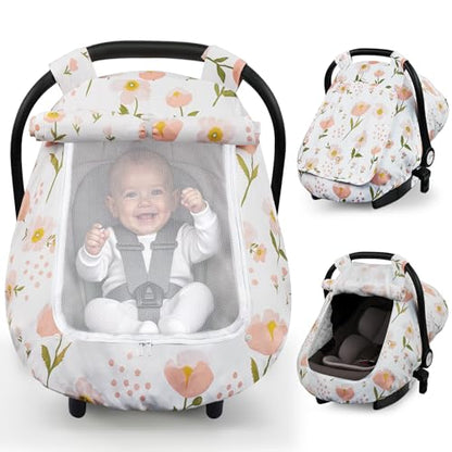 Elstey Car Seat Cover Baby, Minky Dot Carseat Covers Baby Boys Girls, Lightweight Infant Car Seat Cover Canopy with 2 Layers Breathable Mesh Windows, Stroller Carrier for Babies Newborn Essentials - color: Pink Flowers