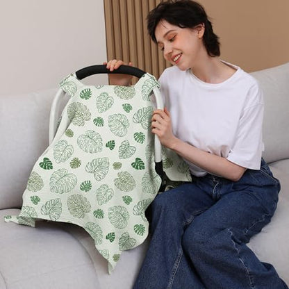 100% Muslin Cotton Car Seat Cover Baby, Carseat Canopy Cover, Universal Fit Stroller Covers for Boys and Girls (Monstera Green) - color: monstera green