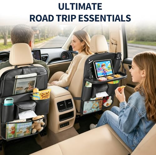 1 Pack Backseat Car Organizer with Foldable Tray Table, PU Leather Seat Back Organizer with Tablet Holder, Large Storage Pockets, Waterproof Kick Mat & Seat Back Protector for Cars, SUVs & Minivans - size: 1 Pack