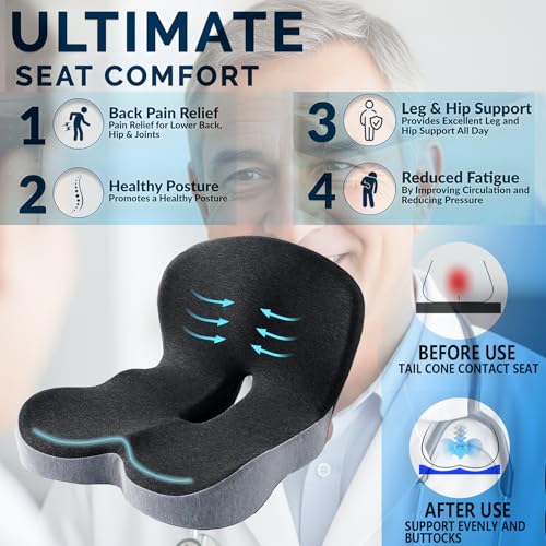 Memory Foam Seat Cushion for Truck Drivers Car Seat & Office Chairs Ergonomic Chair Cushion for Back Pain, Sciatica & Tailbone Relief – Non-Slip Cover, Long Sitting Support & Driving (Gray)