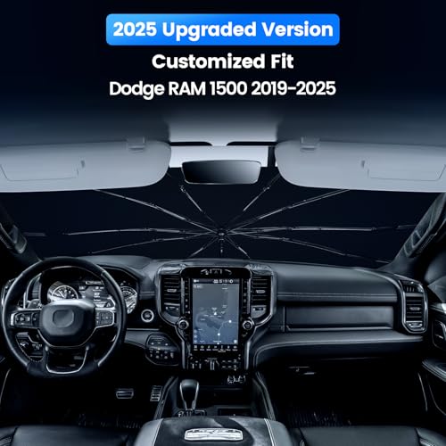 Windshield Sun Shade Umbrella for Dodge RAM 1500 2019-2026, 360° Bendable Handle Car Sunshade Front Windshield, 10-Rib Truck Sun Blocker with Rearview Mirror Cutout, Cool Interior Accessories - size: For Dodge RAM 1500 2019-2026-ICY