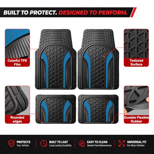 Heavy Duty Rubber Car Mats Carbon Fiber Design (Electric Blue), 4-Piece Deep Waterproof Floor Mats Set (Front & Rear Full Set), All Weather Universal Trim to Fit Automotive SUV Sedan Truck - color: Electric Blue, size: Carbon Fiber