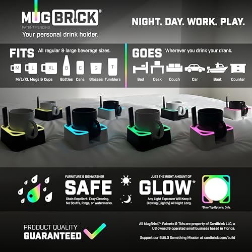 MugBrick Glowing Portable Silicone Cup Holder for Bed, Couch, Nightstand. Dishwasher Safe, Non-Spill Drink Holder for Bedside Table, Ottoman. White + Blue Glow - color: (E) White + Blue Glow
