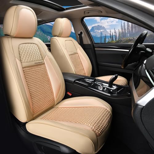 Coverado Car Seat Covers Front Seats, Waterproof Front Seat Covers Nappa Leather Seat Covers for Cars, Breathable Summer Car Seat Cushion Universal Fit for Most Cars SUV Trucks(Front, Beige) - color: Beige, size: FrontPair