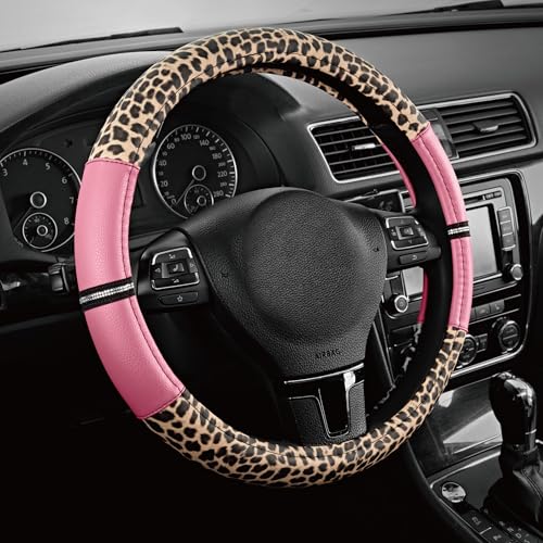 Road Comforts Leopard Steering Wheel Cover for Women, Cute Anti-Slip Microfiber Leather, Universal Fit 14.5-15 Inch Round Steering Wheel - Pink - color: Round Pink