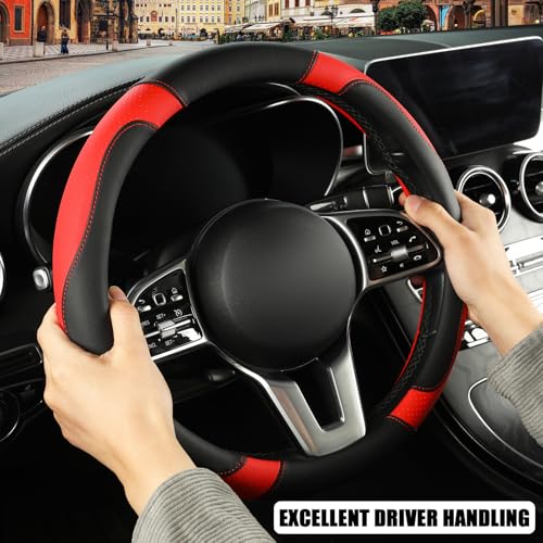 Microfiber Leather D Shaped Steering Wheel Cover, Breathable, Anti Slip, 13.5 inch to 14 inch, Black with Red - color: Black Red, size: D Shape-Small[13.5''-14'']