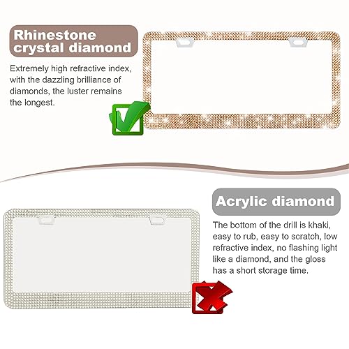 QUANQIUFEI 2 Pack Bling License Plate Frames for Women, Sparkly Rhinestone Diamond Car Accessories with Glitter Crystal Caps (Champagne) - color: Champagne