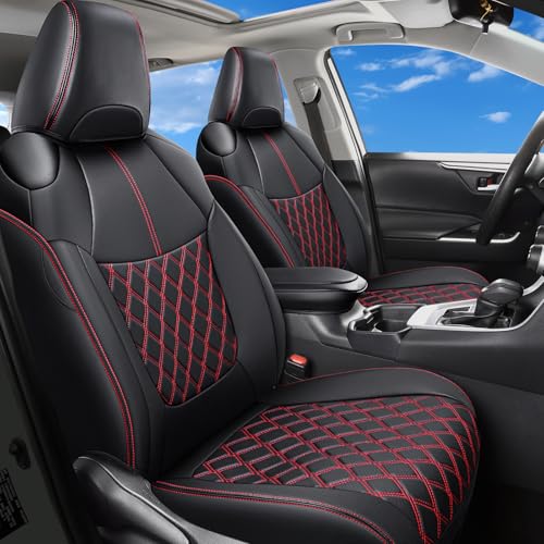Huidasource Custom Fit RAV4 Seat Covers Full Coverage, Waterproof Leather Seat Cushion Fit for 2019-2024 Toyota Rav4 XLE LE XLE Premium Limited(Not for Hybrid/Adventure/TRD Off-Road/Prime, Black&Red) - color: Full Set/Red Stitching, size: 2019-2024 RAV4(N