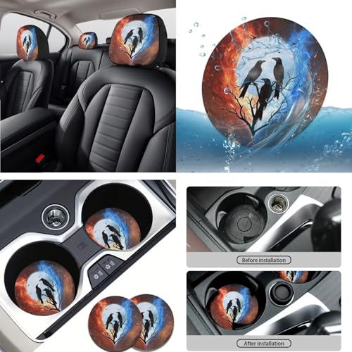 Crow Printed 15 Pcs Car Seat Cover Set, Stretchy Auto Interior Covers Set Front Rear Seat Covers Steering Wheel Protector Seat Belt Pads Lipstick Holder Keychian - color: Brown and Blue-Crow