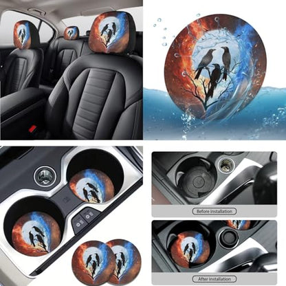 Crow Printed 15 Pcs Car Seat Cover Set, Stretchy Auto Interior Covers Set Front Rear Seat Covers Steering Wheel Protector Seat Belt Pads Lipstick Holder Keychian - color: Brown and Blue-Crow