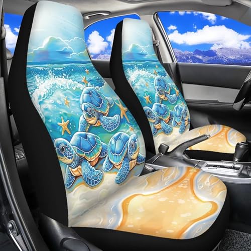 INSTANTARTS Turtle Starfish Car Seat Covers 2 Piece – Easy-to-Install Polyester Front Seat Protectors, Universal Fit for Most Cars SUVs Trucks - color: Beach Turtle Starfish