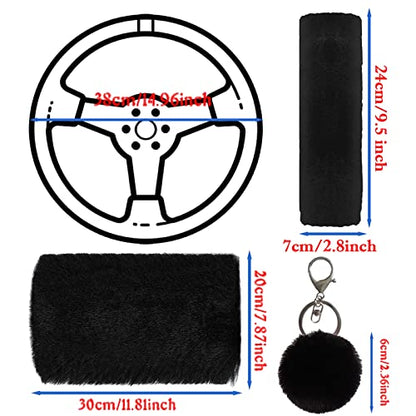 7 Pieces Fluffy Car Accessories Set, Cute Fluffy Steering Wheel Cover Set Faux Wool Seatbelt Shoulder Pads Auto Center Console Armrest Pads Fuzz Handbrake Cover Gear Shift Cover Furry Keychain(Black) - color: Black