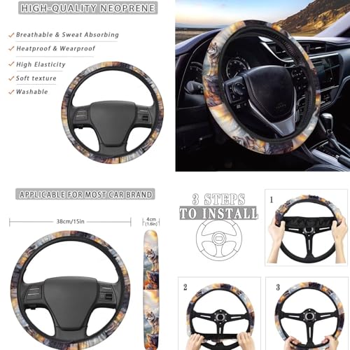 Wolf Printed 15 Pcs Car Interior Covers Set, Protective Car Seat Cover Set Front Rear Seat Covers Steering Wheel Cover Car Headrest Cover Seat Belt Covers Car Coaster - color: Brown-Wolf