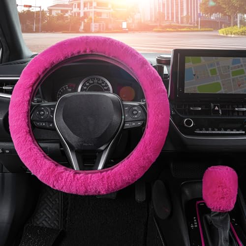 SEG Direct Furry Car Steering Wheel Cover with Gear Shift Cover, Soft and Warm, Cute Fluffy Auto Decor for Women Men, Standard Size, 2 PCS Set, Magenta - color: Magenta