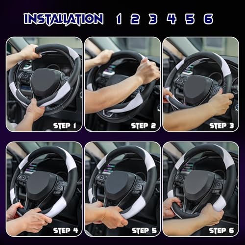 Soft Leather Steering Wheel Cover with Breathable Design and Anti-Slip Grip, Fully Compatible with Tesla, Toyota, Honda, Nissan 14.5-15.2 inch Round Steering Wheel（Sedans and SUVs） - color: DOUBLE-WHITE