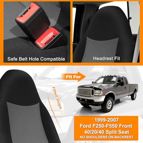 Front Seat Cover Compatible with 1999-2007 Ford F250-F550, Front 40/20/40 Split Bench Seat Cover, Neoprene Fabric with Pointed Molded Headrests & Opening Console, No Shoulder on the Backrests - color: black and charcoal