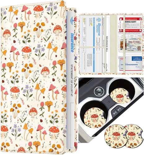 Slohif Car Registration and Insurance Holder - Mushroom Vehicle Glove Box Organizer Women with Magnetic Shut Leather Automobile License Holders Coasters Auto Accessories Case for Document - color: Bright Mushroom