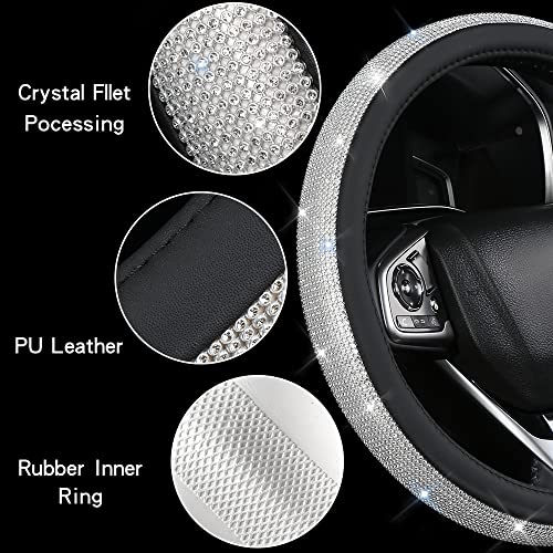Bling Diamond Leather Steering Wheel Cover, Pink Steering Wheel Covers for Women Girls with Crystal Rhinestones, Universal Fit 14.5-15 Inch Car Steering Wheel Bling Cover Accessories - color: Black