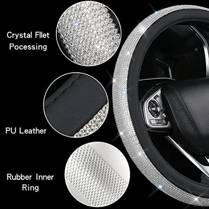 Bling Diamond Leather Steering Wheel Cover, Pink Steering Wheel Covers for Women Girls with Crystal Rhinestones, Universal Fit 14.5-15 Inch Car Steering Wheel Bling Cover Accessories - color: Black